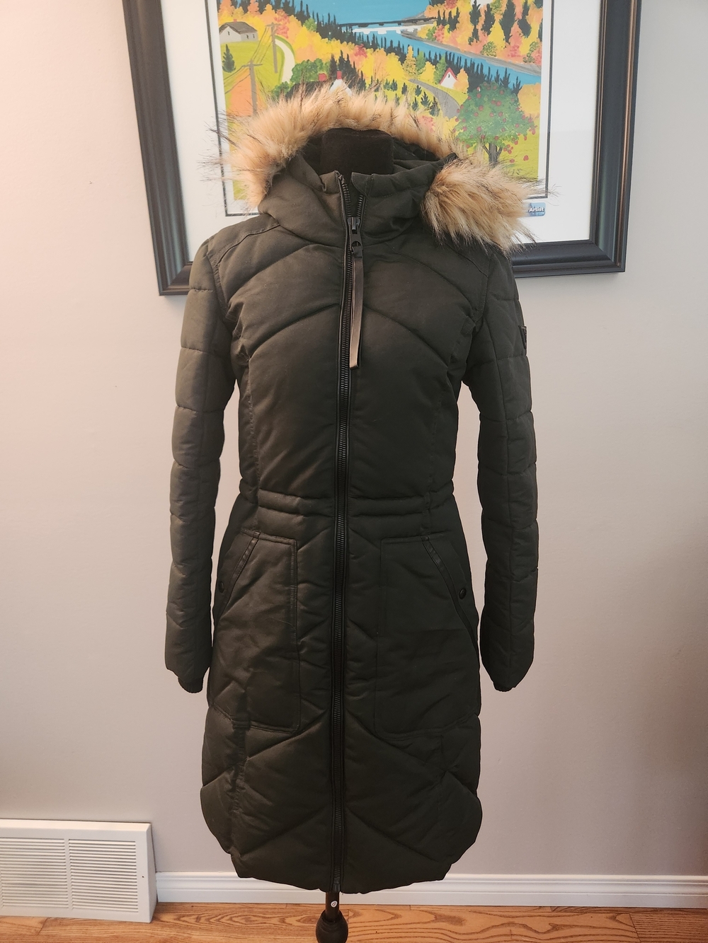 GUESS Olive Green Long Puffer Coat with Faux Fur Trim Hood